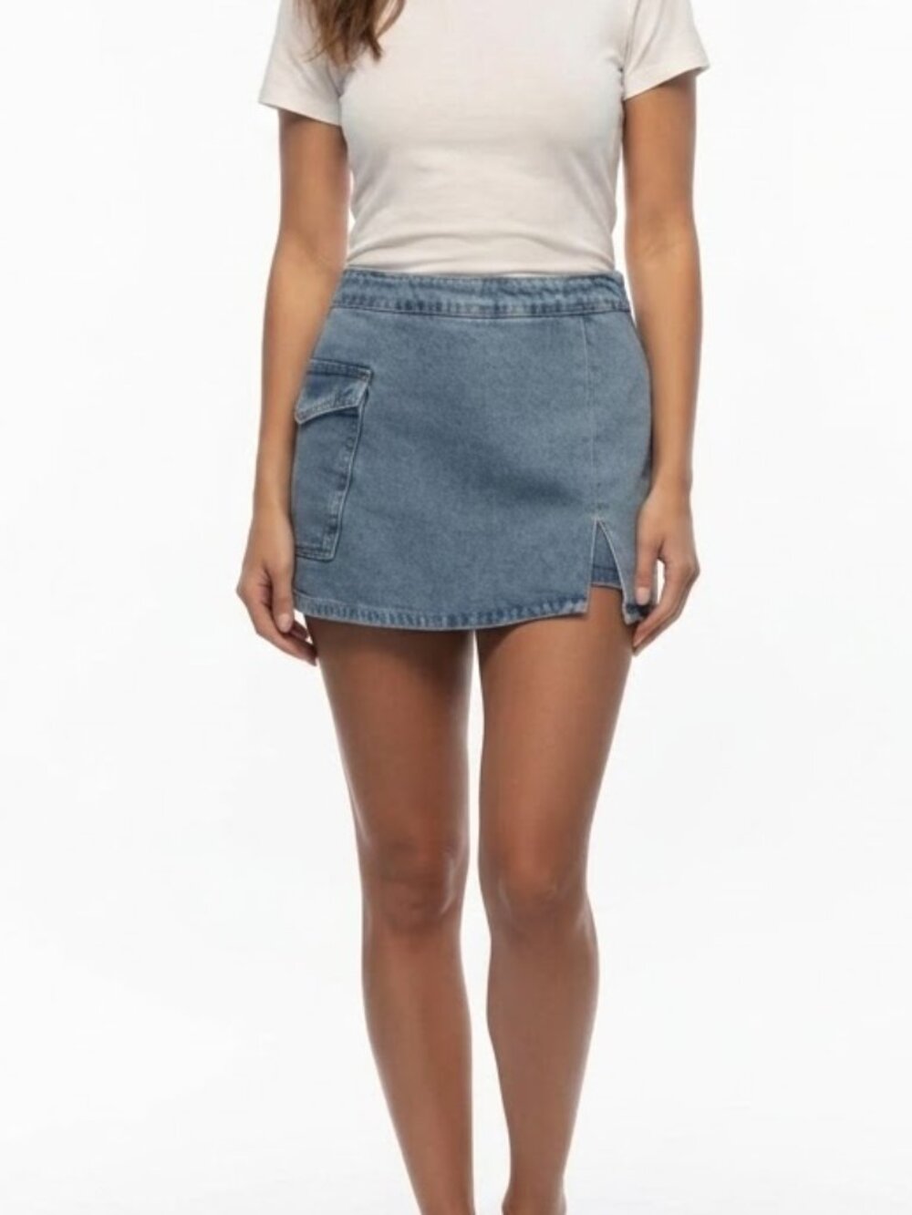 ZARA Y2K Denim Cargo Skort Mid Rise Utility Jean Mini Skirt Shorts Blue Size L